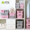 Cesta de almacenamiento de plástico Yimei con tapa, caja de almacenamiento de escritorio apilable de color nórdico, cesta de almacenamiento con acabado para cocina y baño, venta al por mayor