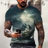 Cross Border Factory Direct Marketing Masculino Retro Impressão Digital Camiseta 3D Impressão Pirata Navio Tripulação Masculino Gola Redonda Solta