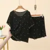 Conjunto de pijama de manga corta para talla grande, nuevo estilo de verano, fino, estampado de estrellas, se puede usar afuera, conjunto de dos piezas holgado para casa