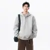 Sudadera con capucha y cremallera estilo americano casual deportiva gris de peso pesado Sudadera con capucha de otoño para hombre Top retro holgado de marca moderna con media cremallera