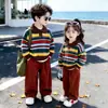Suéteres de primavera y otoño para niños, prendas de punto a rayas para niñas, polos elegantes para niños, atuendos a juego para hermanos