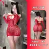 Lencería de Seducción Nocturna Jacquard de Corazones Cuello Halter Hombros Descubiertos Sexy Hueco Ajustado Vestido Bodycon Tentador 9051