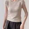 Camiseta de Punto de Manga Corta con Cuello Redondo Color Albaricoque Estilo Old Money para Mujer, Top Corto de Verano Texturizado Ajustado con Mangas Cortas Volantes Pequeños