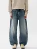 Pantalones vaqueros Muqiu para hombre, estilo americano, corte holgado tipo cuchillo curvo, con diseño único de pliegues, lavado desgastado, pierna ancha, largos