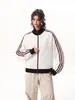 Moletom cardigã com gola alta, malha waffle, estilo americano, marca moderna, para homens, jaqueta esportiva casual de outono, casaco listrado estilo coreano para casais