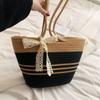 Bolso tejido de gran capacidad para mujer, bolso de un solo hombro, bolso de paja con encaje portátil de hilo de algodón, bolso de playa a juego de colores, bolso de mano 2023