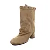 Botas de Camurça/Pele de Ovelha em Duas Camadas para Mulheres, Novo Estilo Outono/Inverno, Bico Redondo, Botas Curtas de Salto Alto Grosso, Tamanho 40