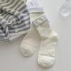 Calcetines de Algodón Puro para Primavera y Verano para Mujer Doble Rakou Azul Gris Etiqueta de Tela de Botón Lazo Estilo Coreano Lindo Ins Calcetines de Moda Algodón de Caña Media