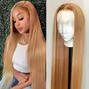 Peluca rubia de moda transfronteriza de Amazon, peluca de encaje frontal liso de longitud media, cobertura total.