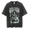 Camiseta Vintage Lavada com Alvejante e Desgastada Anime Manga Curta Apresentando a Ceifeira