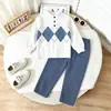 Roupas Infantis 2026 Outono Novidades Conjunto de Manga Longa para Meninos Estilo Coreano Infantil Camisa Xadrez Calça Longa de Veludo Cotelê Conjunto de Duas Peças