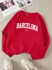 Moletom Feminino Barcelona Espanha Estampa de Letras Casual Pulôver Gola Redonda Outono Estilo de Rua Caimento Solto