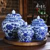 Jingdezhen Cerámica Azul y Flores Pintada a Mano Tarro con Carácter Feliz Caja de Joyería Tarro de Almacenamiento de Té Adornos Exquisitos Clásicos para el Hogar Sala de Estar