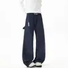 Calça de trabalho azul bordada estilo americano em puro algodão, jeans lavado, estilo de rua retrô, calça longa casual solta de perna larga, moderna