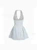 Vestido de Playa de Vacaciones Estilo Americano Transfronterizo Nueva Moda Chica Picante, Elegante y con Estilo Vestido Corto de Línea A con Rayas, Cuello Halter en V