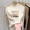 Camisa base de outer wear para meninas em fleece dupla face, nova blusa casual com estampa de desenho animado, camiseta de gola semi-alta, mangas compridas escovadas