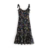 Vestido longo estampado estilo resort francês com alça de amarração e babados, novo para o verão, acinturado, slim fit, elegante