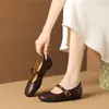 Zapatos de verano slip-on para mujer de estilo retro francés con hebilla metálica, planos poco profundos de cuero genuino retro francés con punta redonda