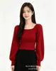 Suéter de punto nuevo estilo coreano para otoño e invierno para mujer, corte ajustado, color liso, camisa básica con elegantes mangas abullonadas y mangas largas