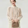 Suéter de punto hueco para mujer, mezcla de cachemira y seda de morera, cuello alto tipo pétalo, detalles de ganchillo, estilo lindo y dulce