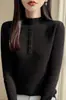 Nuevo suéter de punto de terciopelo Andy para mujer para otoño e invierno con cuello semi-alto, diseño abotonado medio abierto, engrosado y una sensación de alta gama como top de capa base