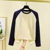 Camisa Básica Raglan Color Block Patchwork Moda Outono Inverno Térmica Gola Redonda Manga Longa Versátil Simples Casual Top