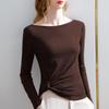 Camiseta de Manga Longa para Mulheres 2025 Primavera e Outono Nova Roupa Feminina Bainha Assimétrica Plissado Chique Uma Alça Cor Sólida Top