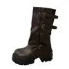 Versão em Couro Macio~2026 Botas Plataforma Grossa com Aumento de Altura Fivela de Cinto Botas de Cavaleiro Botas de Cano Médio-Alto Femininas Botas Western Botas para Calça