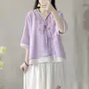 Nueva camisa estilo chino con tapeta diagonal y cierre de botones, mezcla de algodón y lino de verano para mujer, diseño Hanfu modernizado, vestido tipo túnica inspirado en el Zen, top estilo étnico, adecuado para figuras petite
