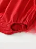 Mameluco de bebé con retazos de malla de fresa, vestido rojo de primer mes para niñas con mangas largas y bordes rizados