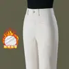 1019 Jeans Branco Reto de Inverno com Floco Calças para Mulheres de Meia-idade Skinny com Veludo Adicional Espessado Cintura Alta Solto