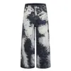 Jeans Wide-Leg Tie-Dye com Tinta de Cor Contrastante Estilo Wasteland Masculino Calças Retas Tendência Punk Vintage Rachado Lavado