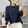 2025 Nuevo Estilo Otoño Azul y Blanco Bordado Doble Capa Hilo Cardigan de Mujer Camisa de Manga Larga Top Tendencia al por Mayor