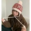 Gorro de Punto Jacquard Fair Isle Estilo Coreano Otoño/Invierno para Mujer con Orejeras y Pompones, Gorro de Punto Cálido Vintage Estilo Aviador Tendencia