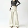 Moda de otoño nuevo para mujer, pantalones de tiro alto con dobladillo curvo y patchwork, pantalones casuales rectos de pierna ancha, holgados y versátiles