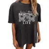 Camiseta feminina curta da moda com estampa de elemento de basquete esportivo europeu e americano Gola redonda feminina Gola redonda pescoço
