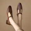 Zapatos Mary Jane Retro Cuadrados Franceses para Mujer Verano Primavera Otoño Nuevo Correa con Hebilla Tacón Grueso Tacón Medio Zapatos Pequeños de Cuero Corte Bajo Zapatos de una Sola Pieza