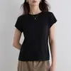 Camiseta Branca de Lã Lyocell com Ombros Normais, Gola Redonda, Acetato, Fina, Slim-Fit, Design Estilo Coreano, Top de Manga Curta para Mulheres, Verão