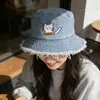 Bonito Sombrero de Senderismo de Mezclilla con Gato para Mujer, Sombrero de Pescador con Flecos para Escalada de Doble Uso, Sombrero para el Sol de Primavera y Verano para Acampar