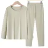 Conjunto de Ropa Interior Térmica de Algodón Puro de Manga Larga y Color Sólido para Mujeres de Mediana Edad y Mayores, Cuello Redondo Bajo