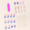 Uñas Postizas Desmontables Estilo Oceánico Azul con Borde Francés, Flor de Resina 3D, Perla de Acero, Forma de Almendra
