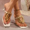 Verano 2025 Transfronterizo Talla Grande Tacón de Aguja Tacones Altos Chanclas de Mujer con Hebilla Cuadrada Metálica Ropa de Exterior para Mujer Sandalias de Punta Cuadrada y Punta Abierta