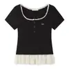 Camiseta de Manga Corta con Encaje Estilo Ballet para Mujer en Verano, Corte Slim, Top Chic Único y Super Lindo
