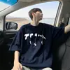 Camiseta de Manga Corta de Algodón Puro para Hombre Marca de Moda Verano Holgada Manga de Cinco Puntos Nuevo Estilo Celebridad de Internet Moderna ins Top Sencillo con Estampado para Hombre
