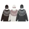 Suéter Fair Isle transfronterizo con gorro a juego, jacquard vintage de cuello redondo, suéter casual suelto versátil para mujer de otoño e invierno