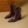 Sapatos Femininos Outono e Inverno Novo Estilo Estilo Britânico Salto Alto Bico Fino Salto Grosso Zíper Traseiro Botas Curtas Botas de Couro Botas Martin Botas Curtas