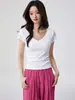 Camiseta 40s de Algodão Penteado Puro para Mulheres, Gola Redonda com Patch de Decote V Profundo, Mangas Curtas, Verão, Simples, Versátil, Emagrecedora, Top de Base