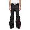 Jeans Acampanados Negros y Rojos Bordados de Calle Estilo Americano para Hombre, Diseño Único, Pantalones Rectos Geniales y Amplios, Modernos