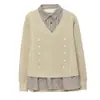 Camisas Femininas Roupa de Início de Outono 2025 Novas Malhas Falsas de Duas Peças Tops Femininos Roupas de Outono e Inverno Camisas Estilo Ocidental