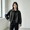 Chaqueta de cuero casual con solapa estilo coreano para mujer, otoño, corte holgado, versátil, retro, corta, top de chaqueta de cuero PU